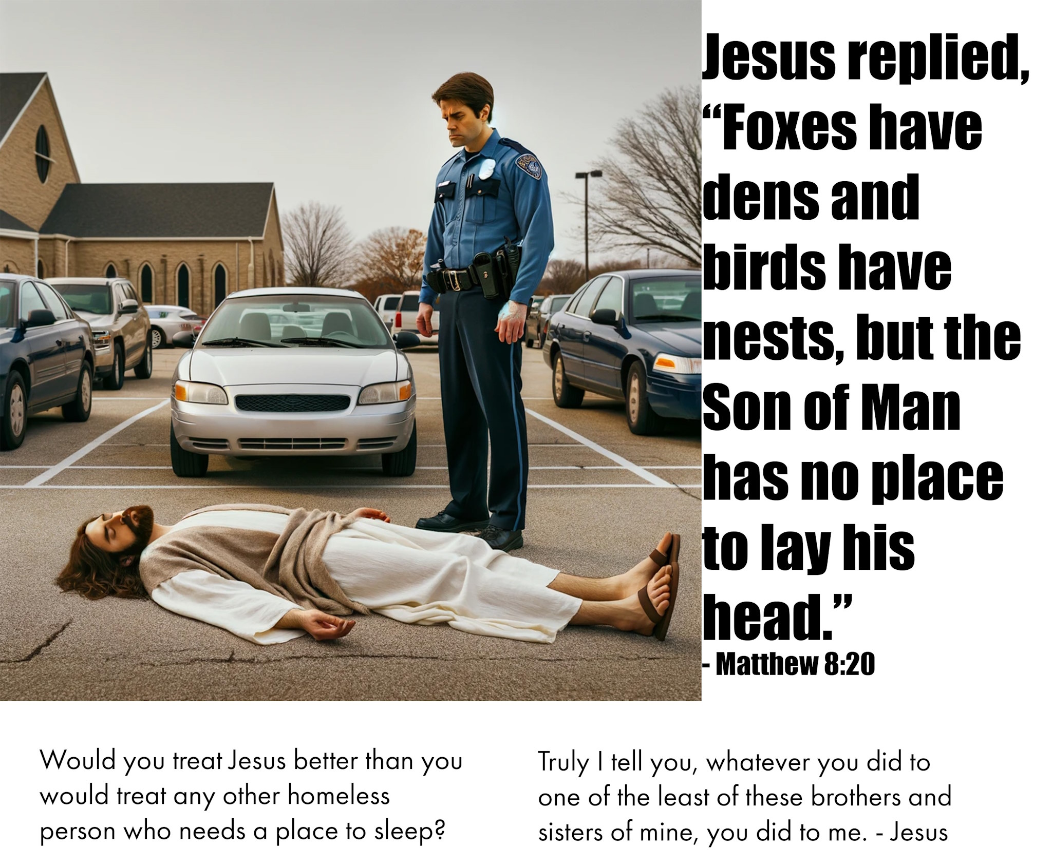 Jesus replied, “Foxes have dens and birds have nests, but the Son of Man has no place to lay his head.” - Matthew 8:20